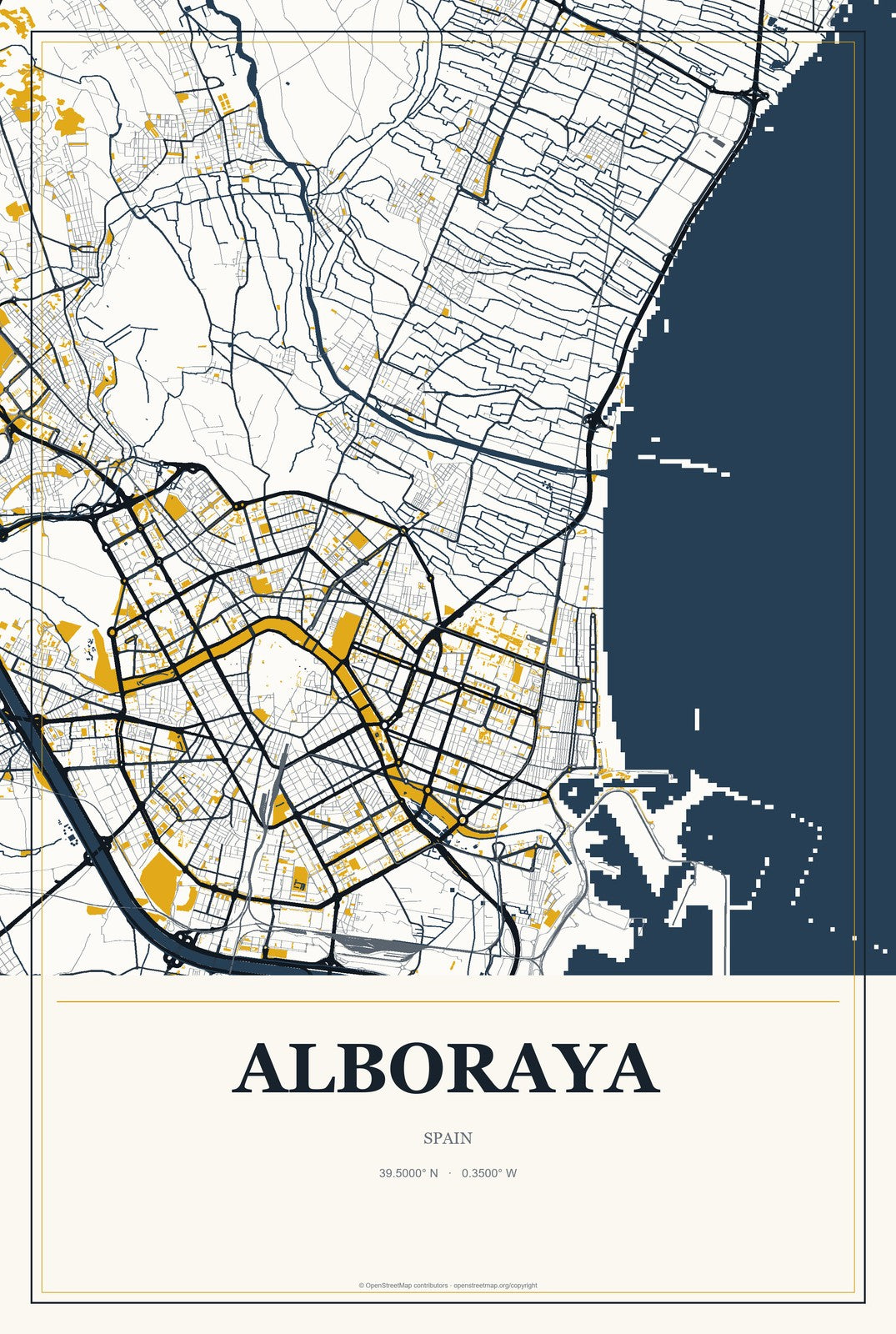 Alboraya, Spain City Map Aluminum Sign in Citrine Modern style