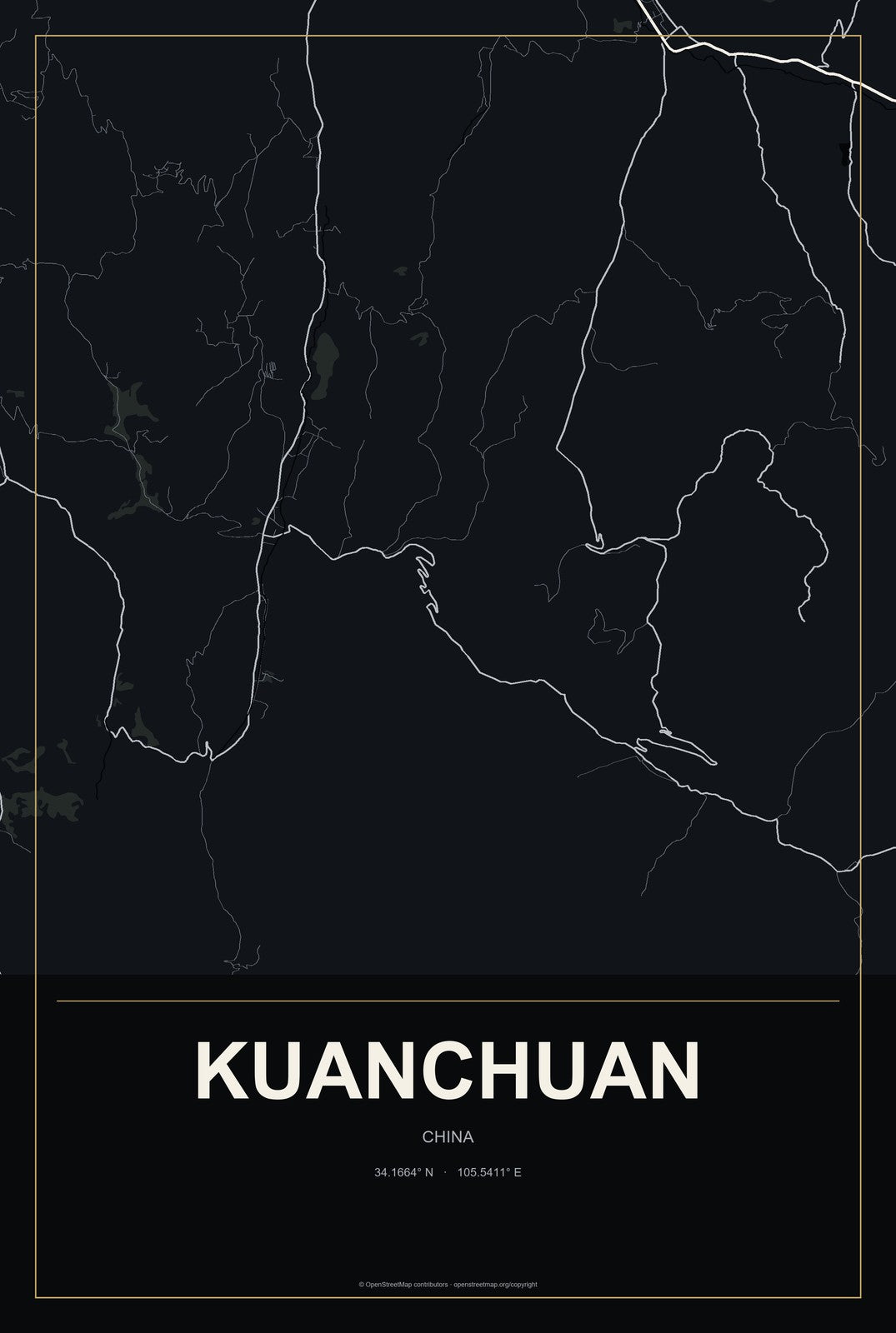 Kuanchuan, China City Map Aluminum Sign in Metropolitan Noir style