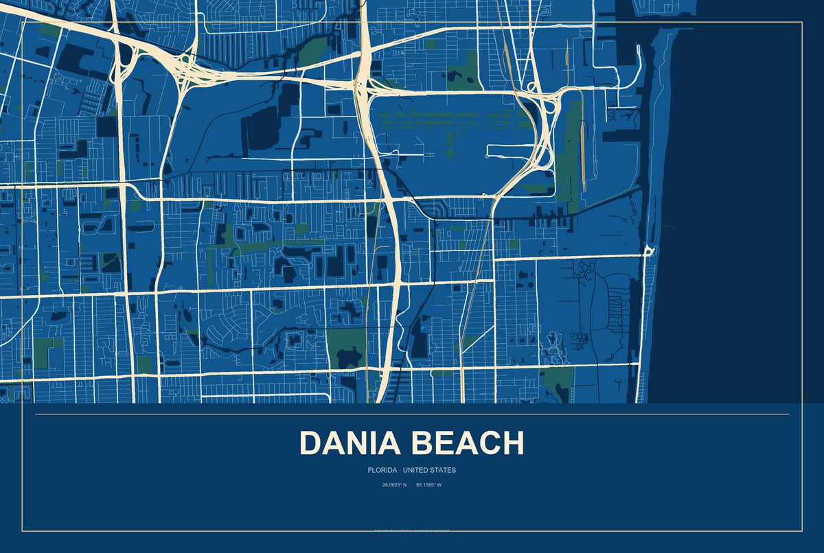 Dania Beach, Florida City Map Aluminum Sign in Harbor Cobalt style