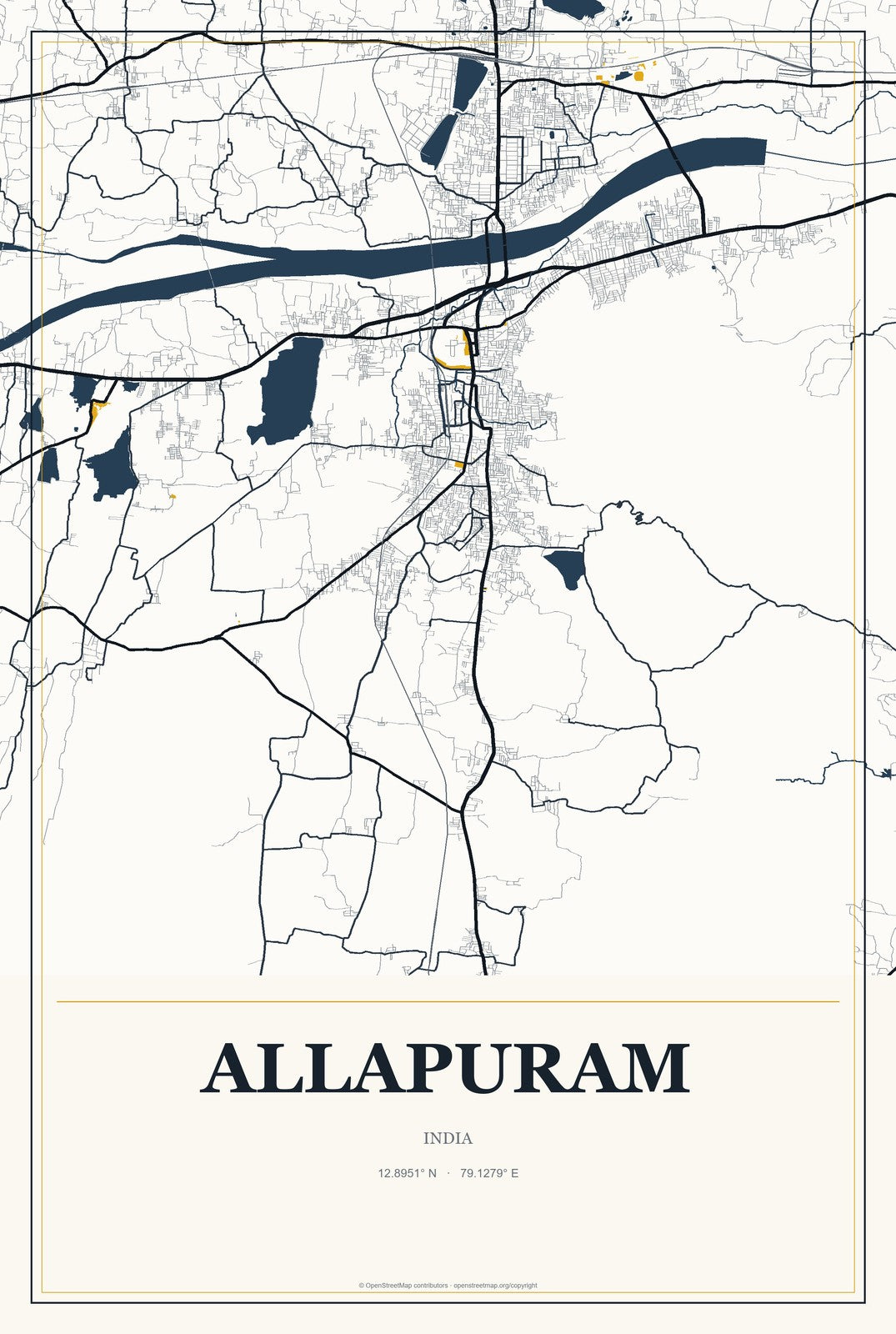 Allapuram, India City Map Aluminum Sign in Citrine Modern style