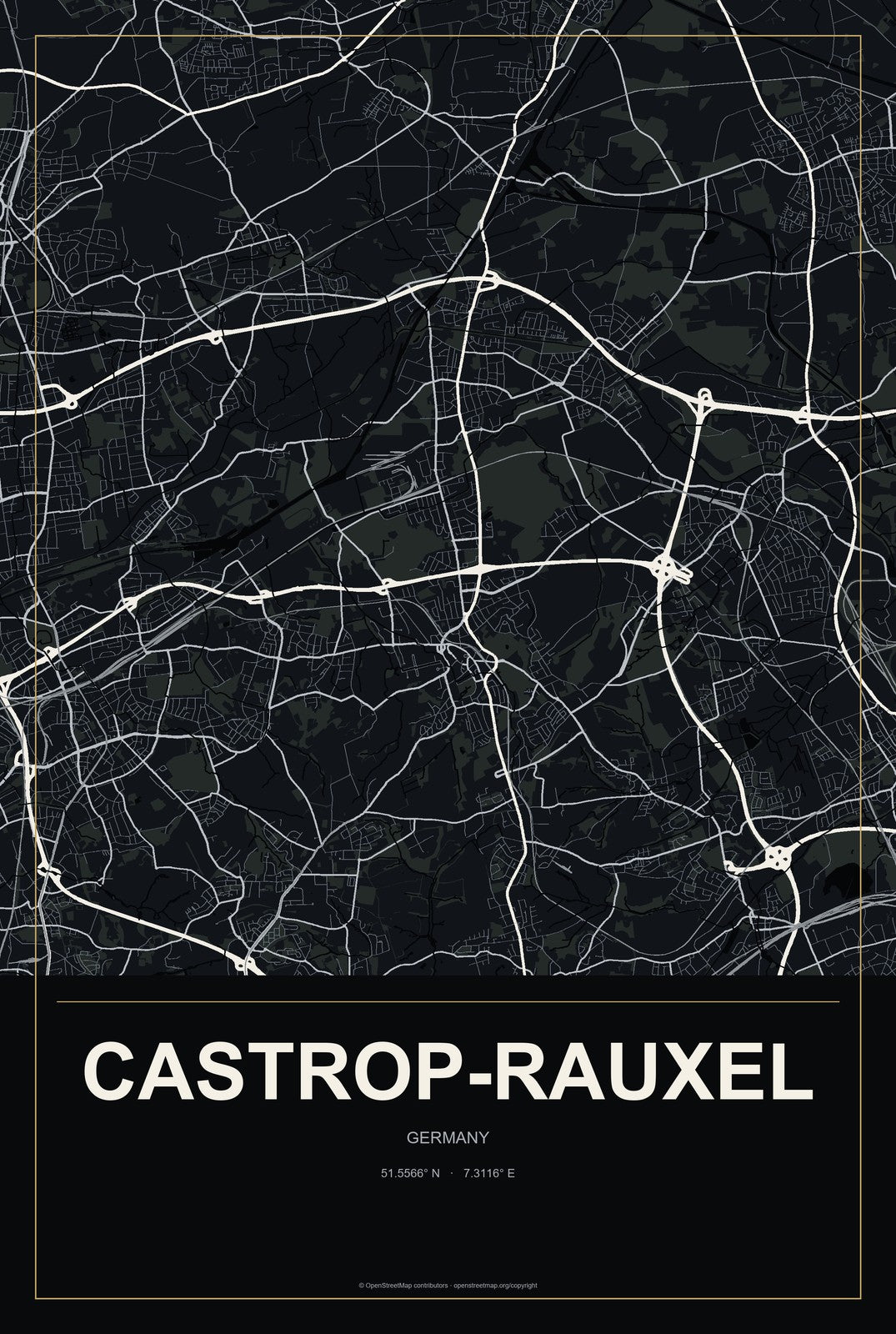 Castrop-Rauxel, Germany City Map Aluminum Sign in Metropolitan Noir style