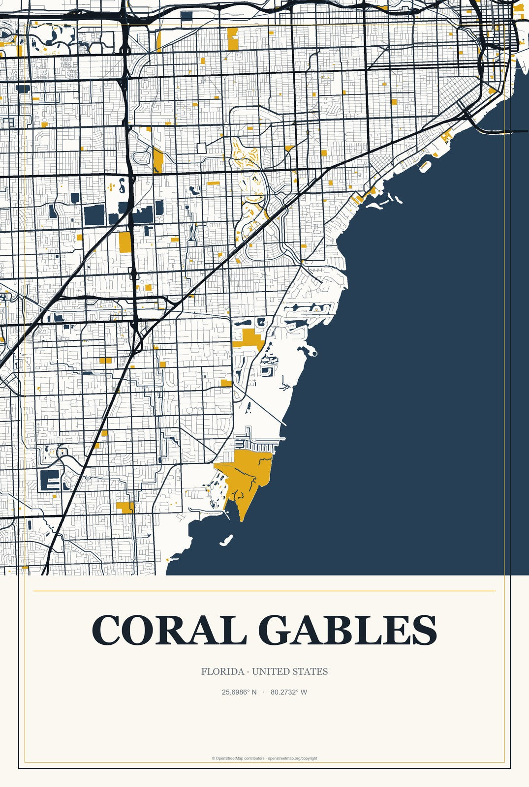 Coral Gables, Florida City Map Aluminum Sign in Citrine Modern style