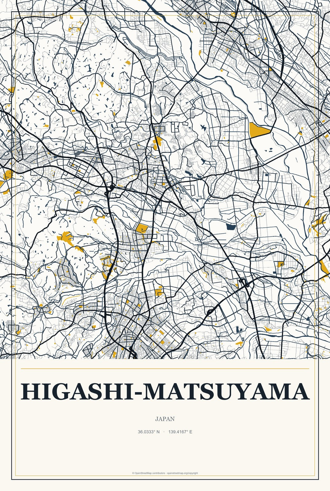 Higashi-Matsuyama, Japan City Map Aluminum Sign in Citrine Modern style