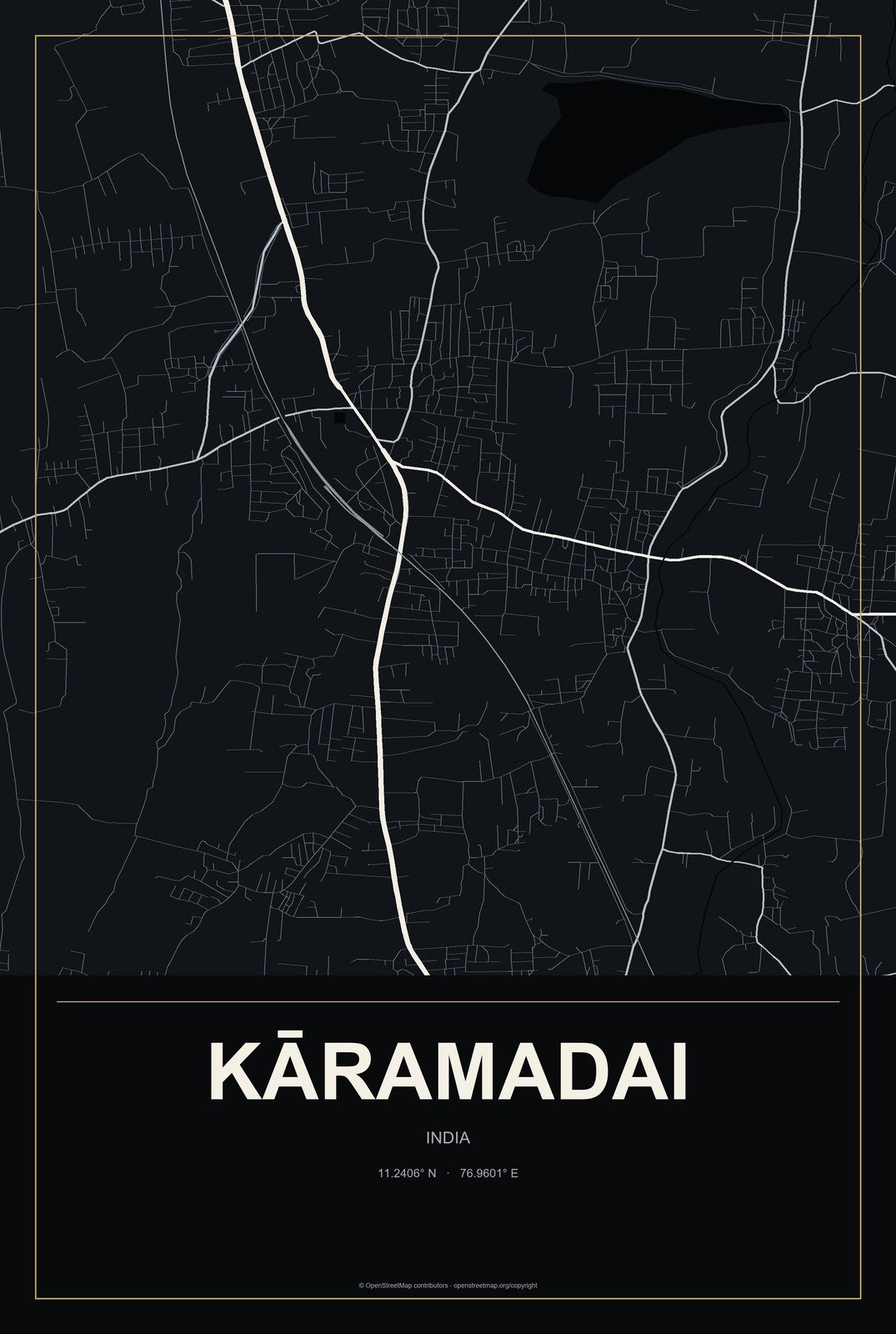 Kāramadai, India City Map Aluminum Sign in Metropolitan Noir style