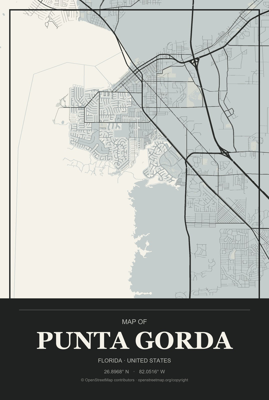 Punta Gorda, Florida City Map Aluminum Sign in Museum Plaque style