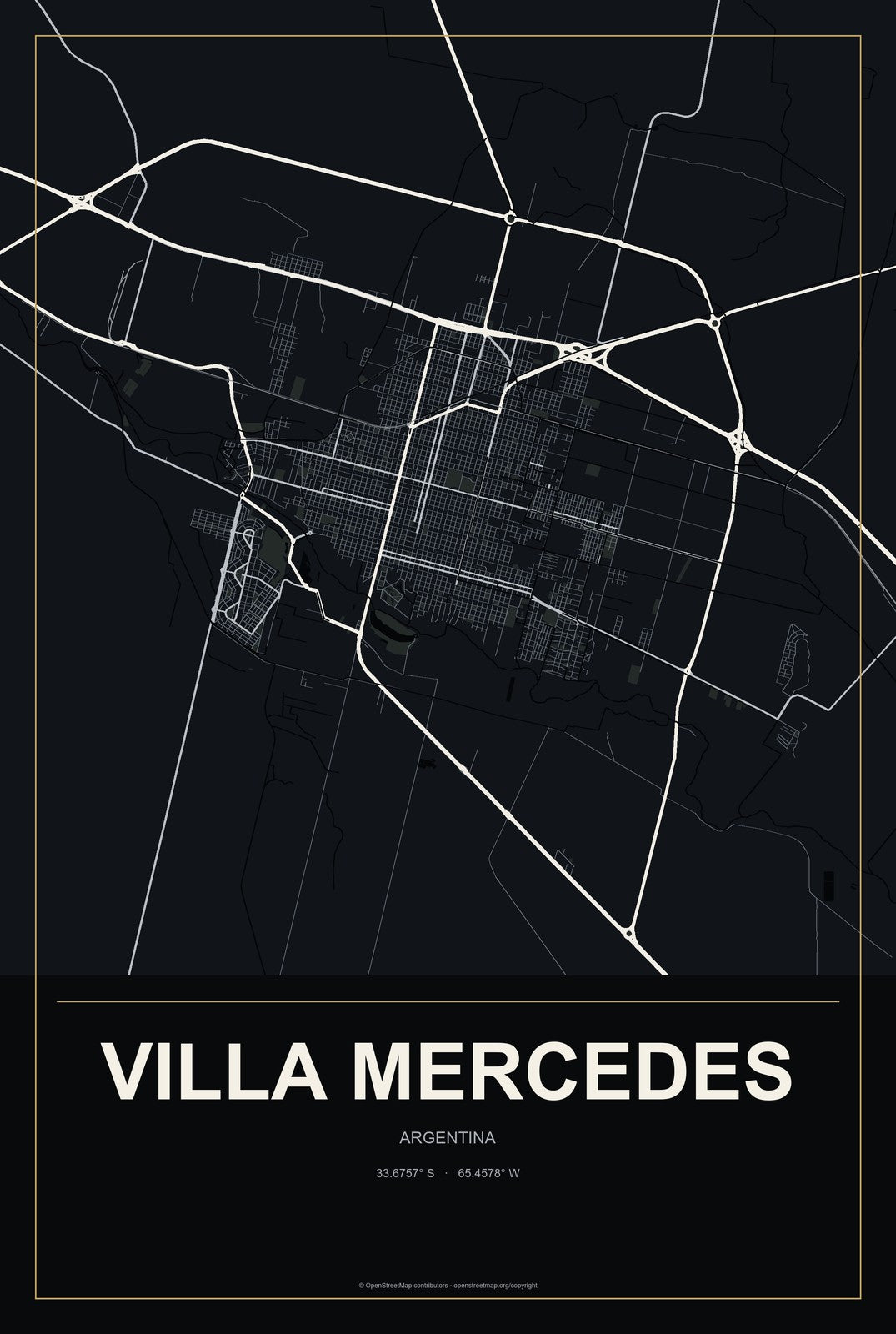 Villa Mercedes, Argentina City Map Aluminum Sign in Metropolitan Noir style