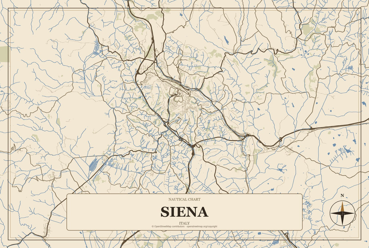 Siena, Italy City Map Aluminum Sign in Heritage Nautical style