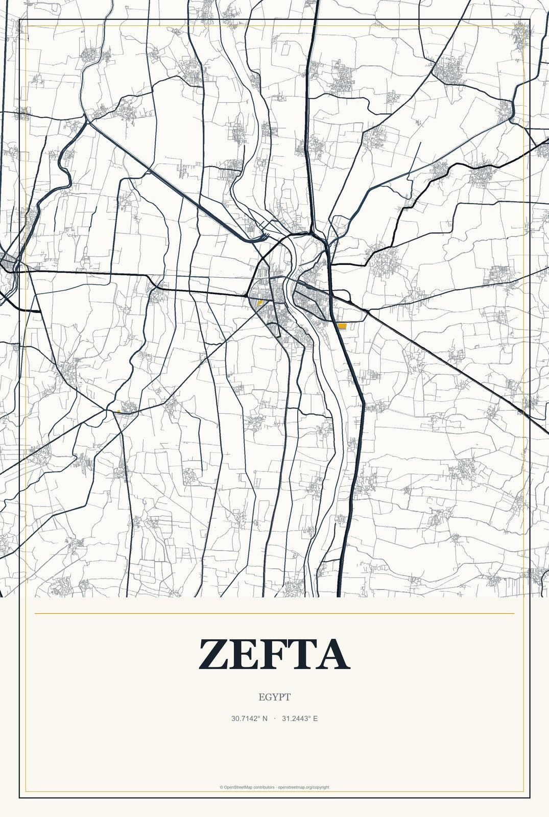Zefta, Egypt City Map Aluminum Sign in Citrine Modern style