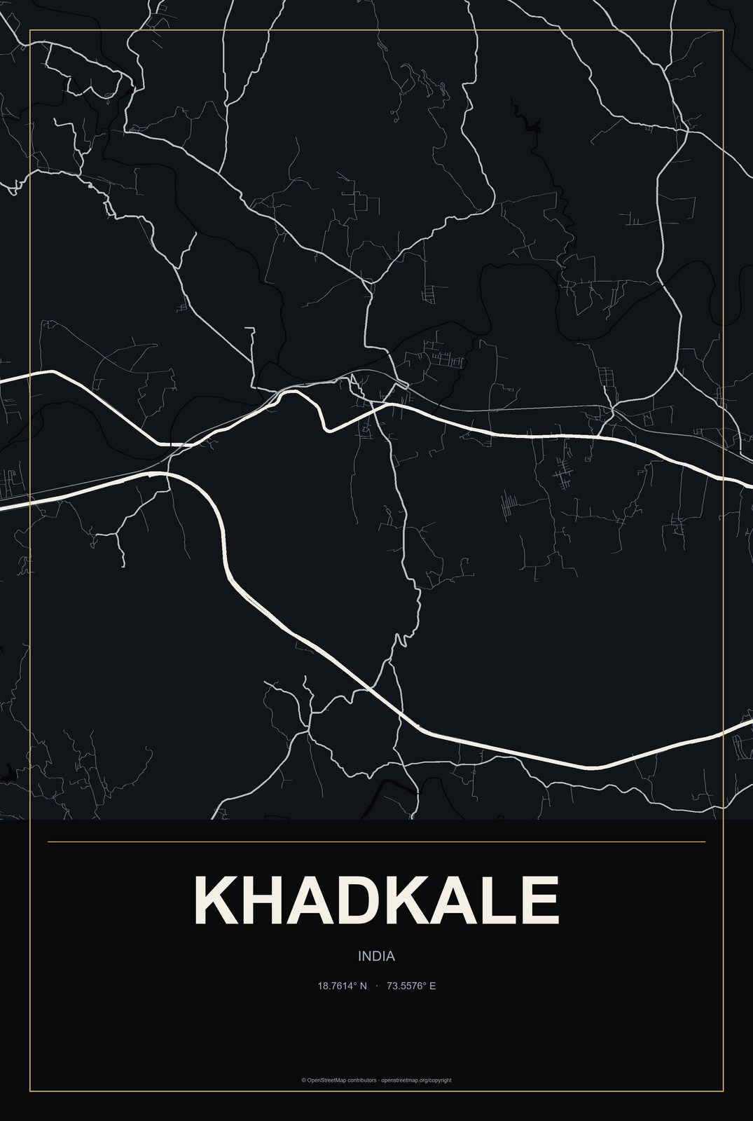 Khadkale, India City Map Aluminum Sign in Metropolitan Noir style
