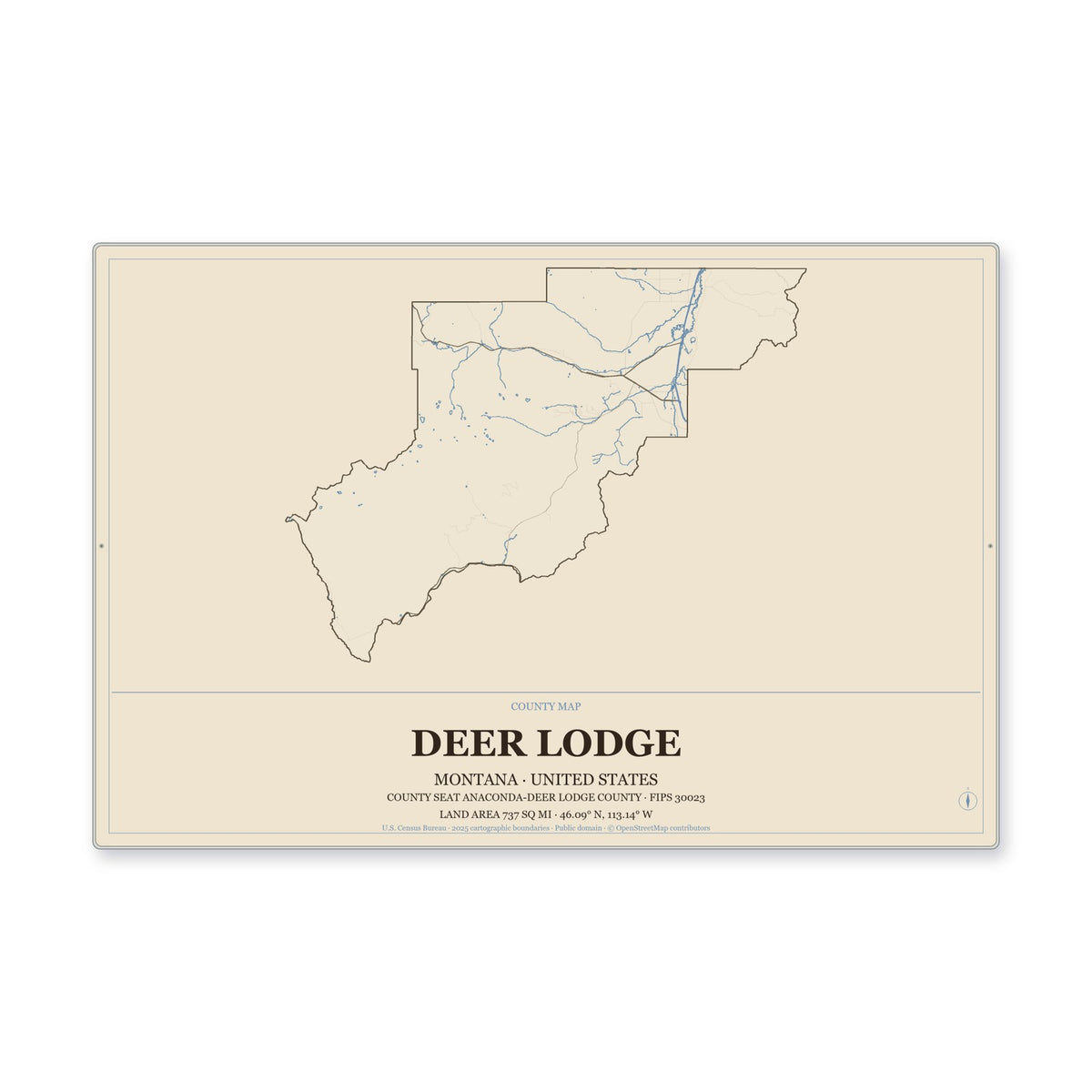 Deer Lodge County, Montana Map Aluminum Sign in Heritage Nautical style