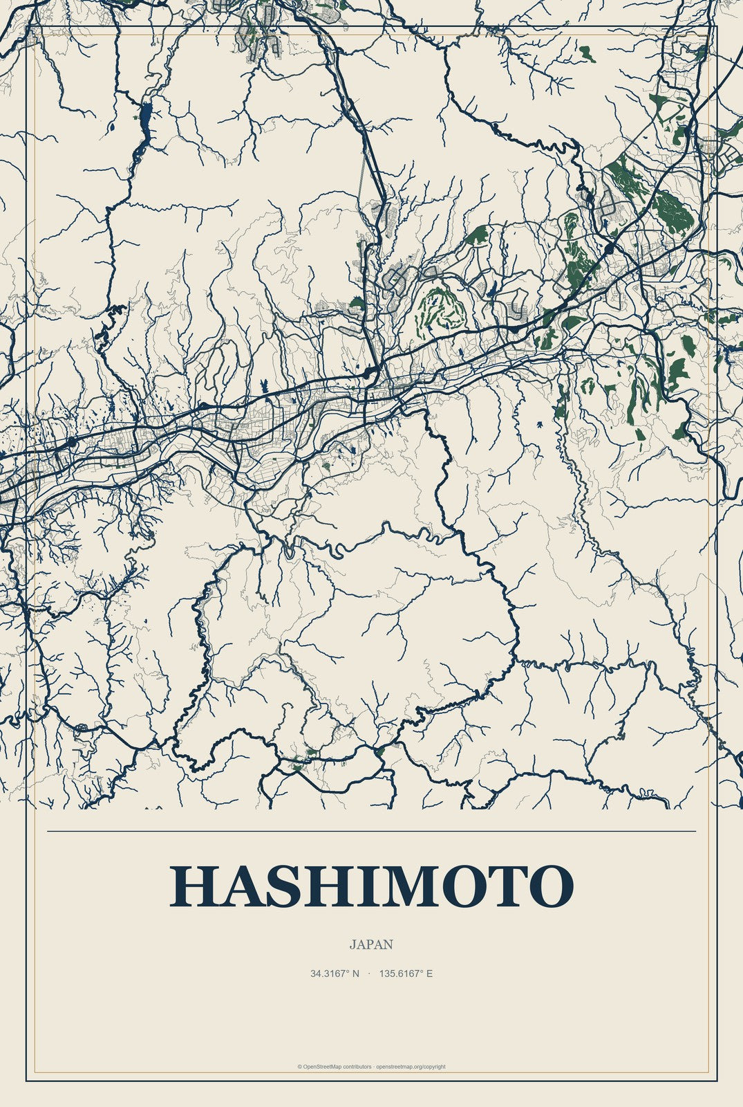 Hashimoto, Japan City Map Aluminum Sign in Coastal Cutout style