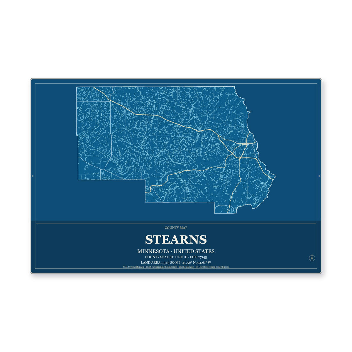 Stearns County, Minnesota Map Aluminum Sign in Harbor Cobalt style