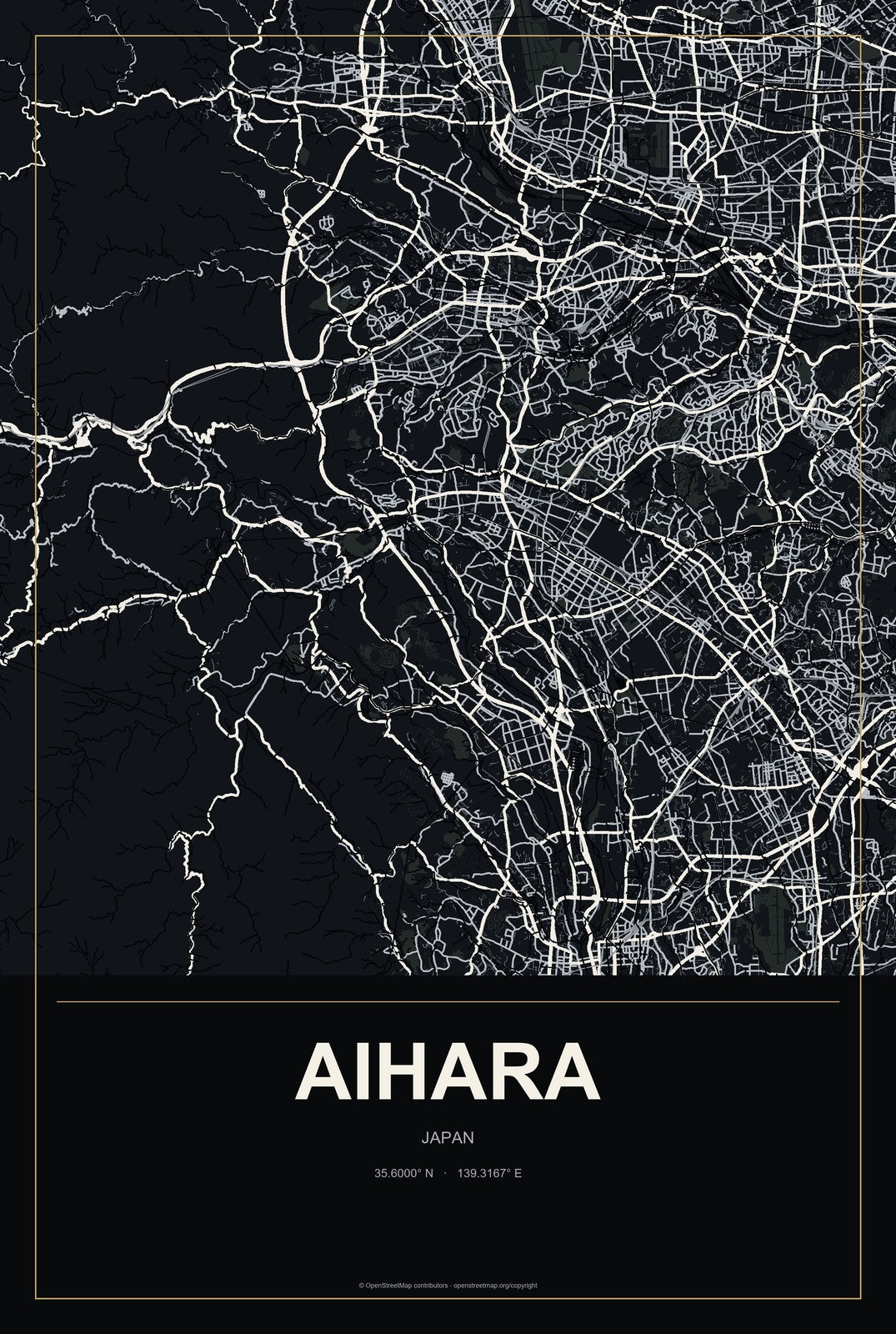 Aihara, Japan City Map Aluminum Sign in Metropolitan Noir style