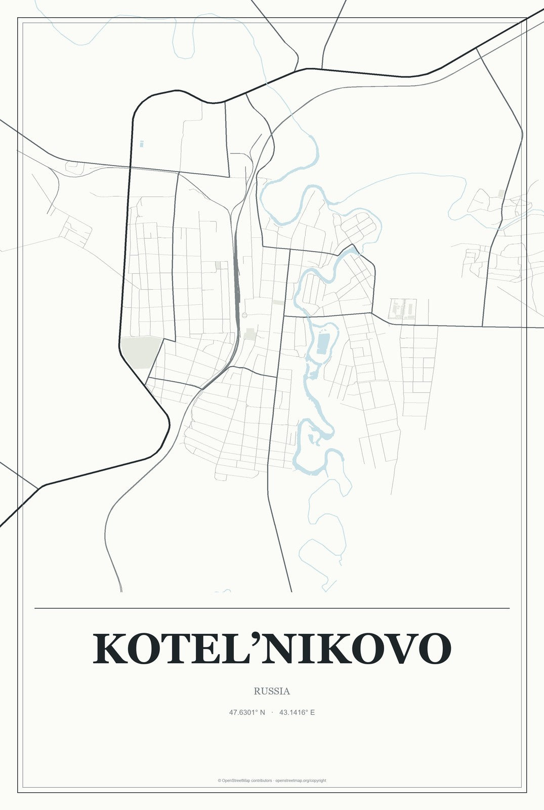 Kotel’nikovo, Russia City Map Aluminum Sign in Gallery Air style