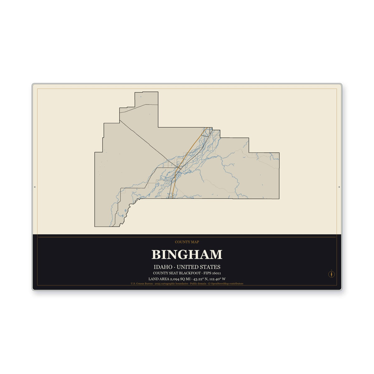 Bingham County, Idaho Map Aluminum Sign in Museum Plaque style