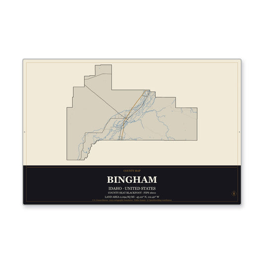 Bingham County, Idaho Map Aluminum Sign in Museum Plaque style