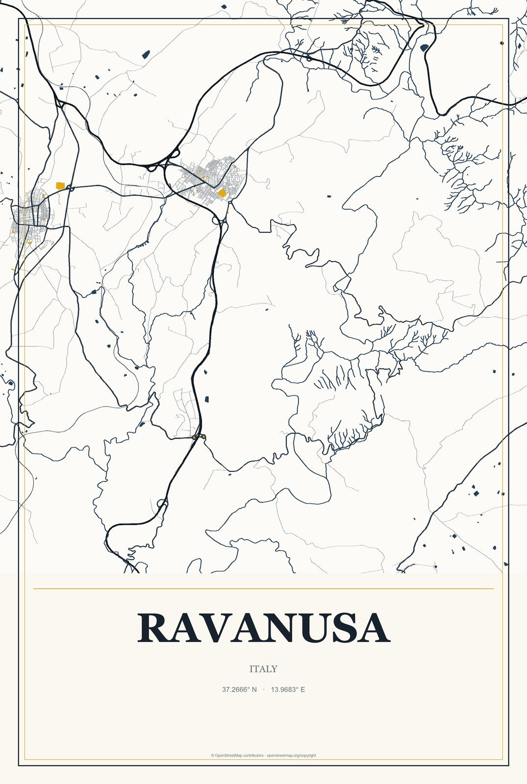 Ravanusa, Italy City Map Aluminum Sign in Citrine Modern style