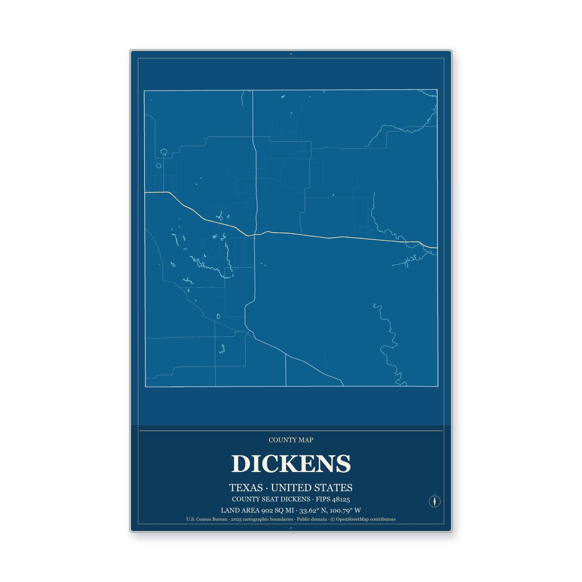 Dickens County, Texas Map Aluminum Sign in Harbor Cobalt style
