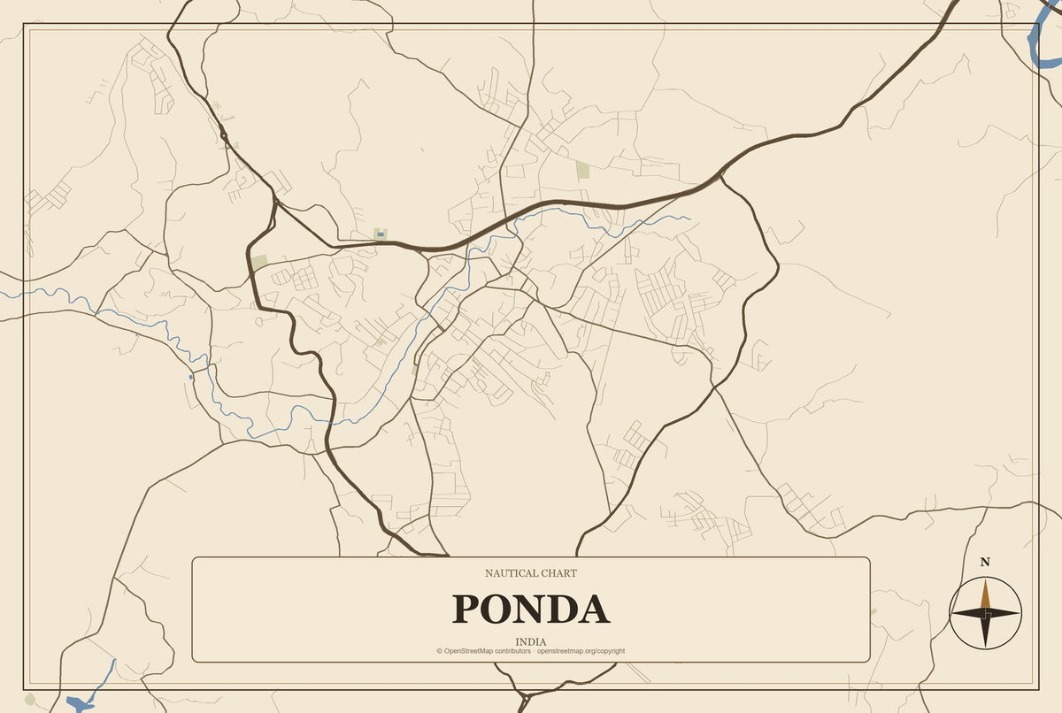 Ponda, India City Map Aluminum Sign in Heritage Nautical style