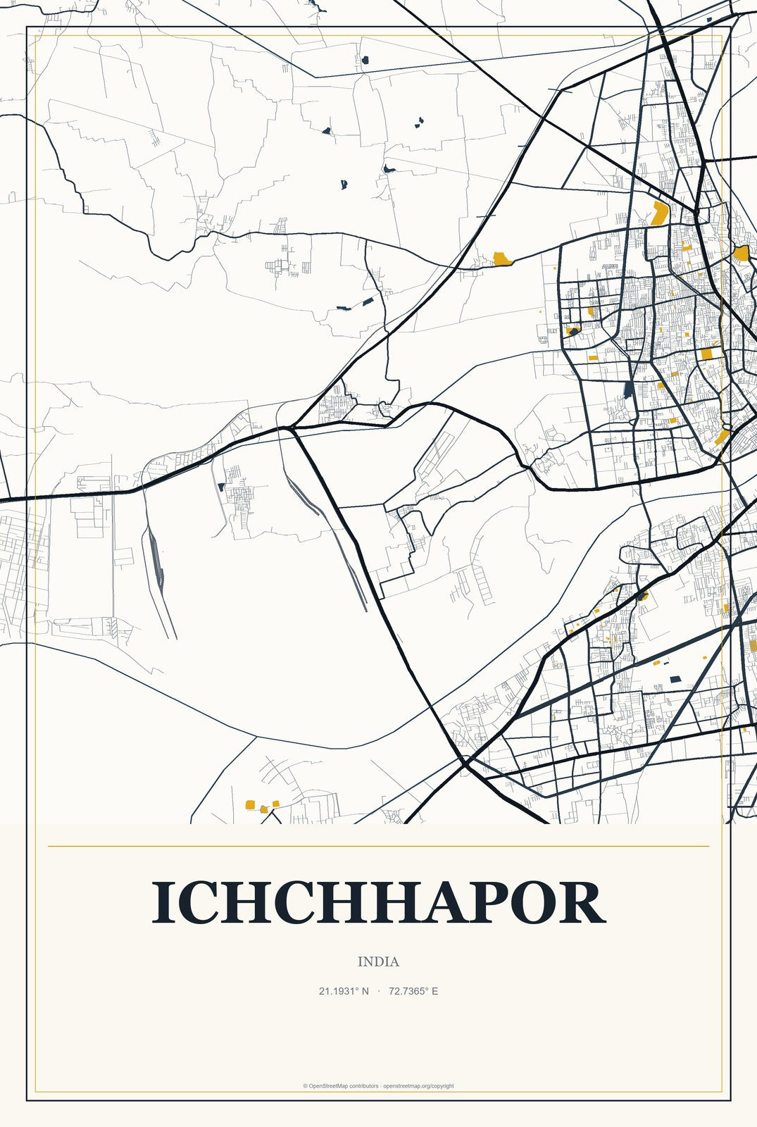 Ichchhapor, India City Map Aluminum Sign in Citrine Modern style