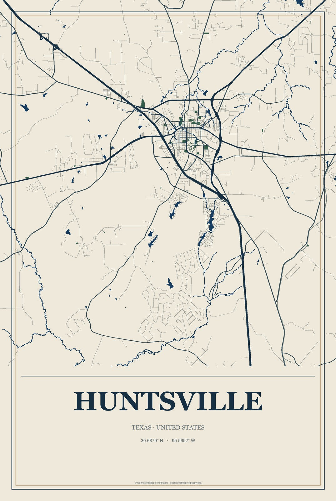 Huntsville, Texas City Map Aluminum Sign in Coastal Cutout style
