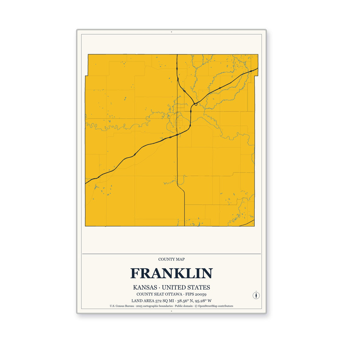 Franklin County, Kansas Map Aluminum Sign in Citrine Modern style