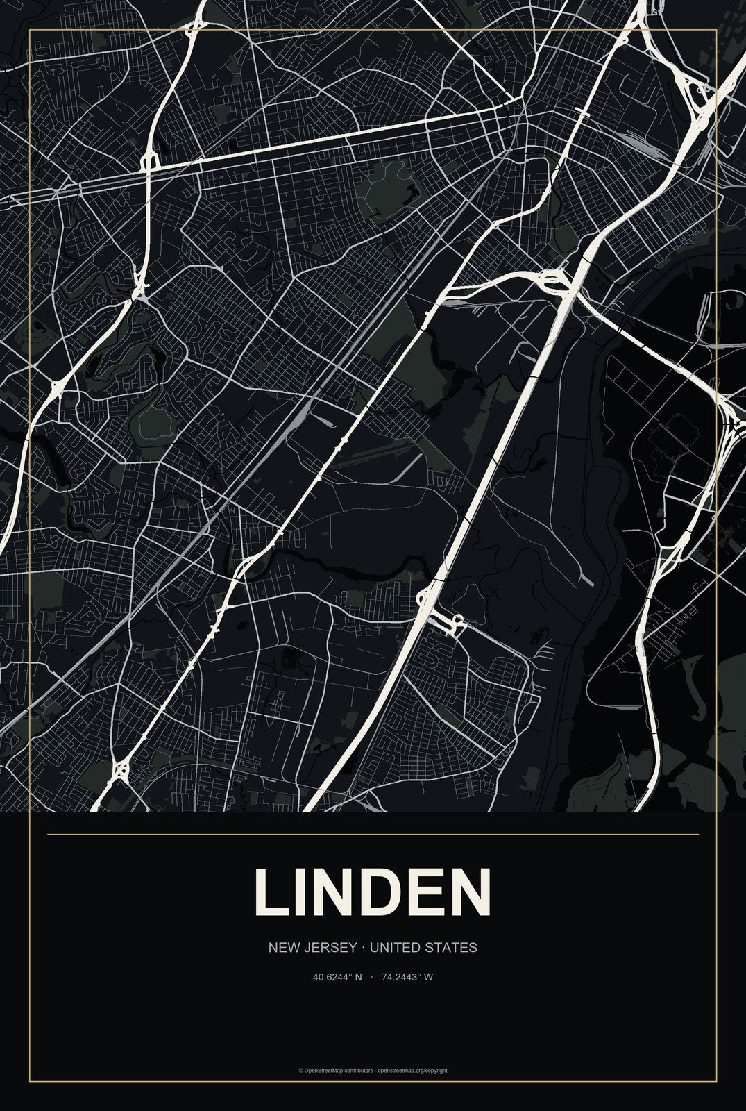 Linden, New Jersey City Map Aluminum Sign in Metropolitan Noir style