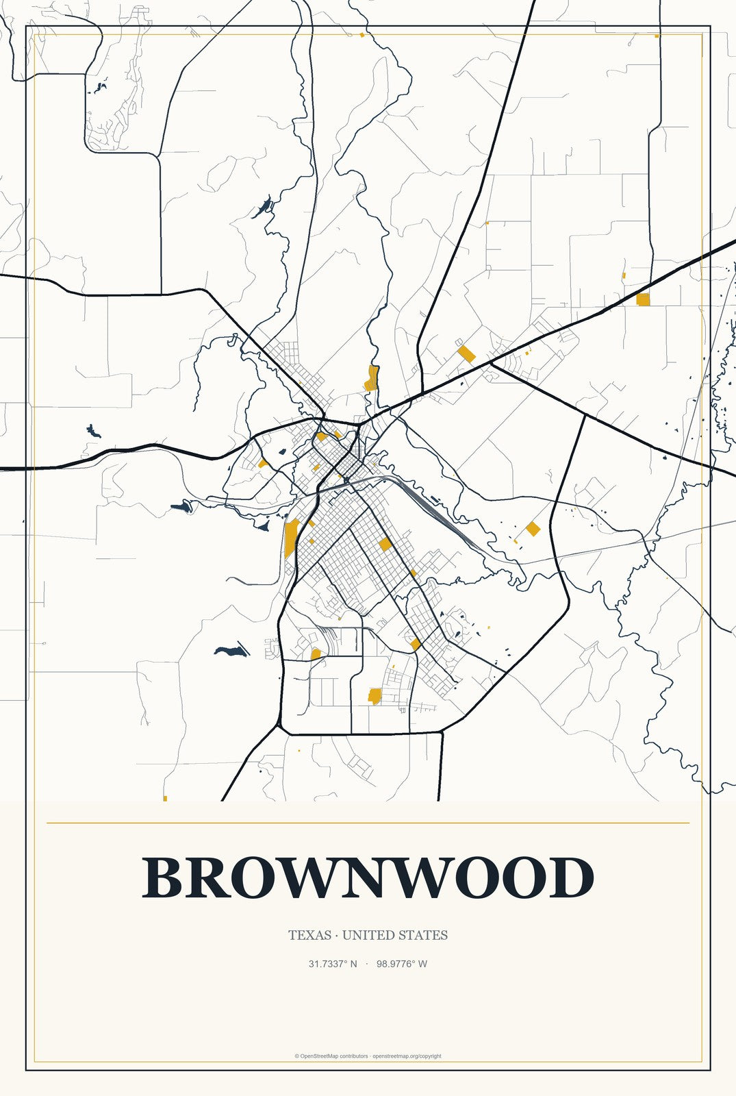 Brownwood, Texas City Map Aluminum Sign in Citrine Modern style