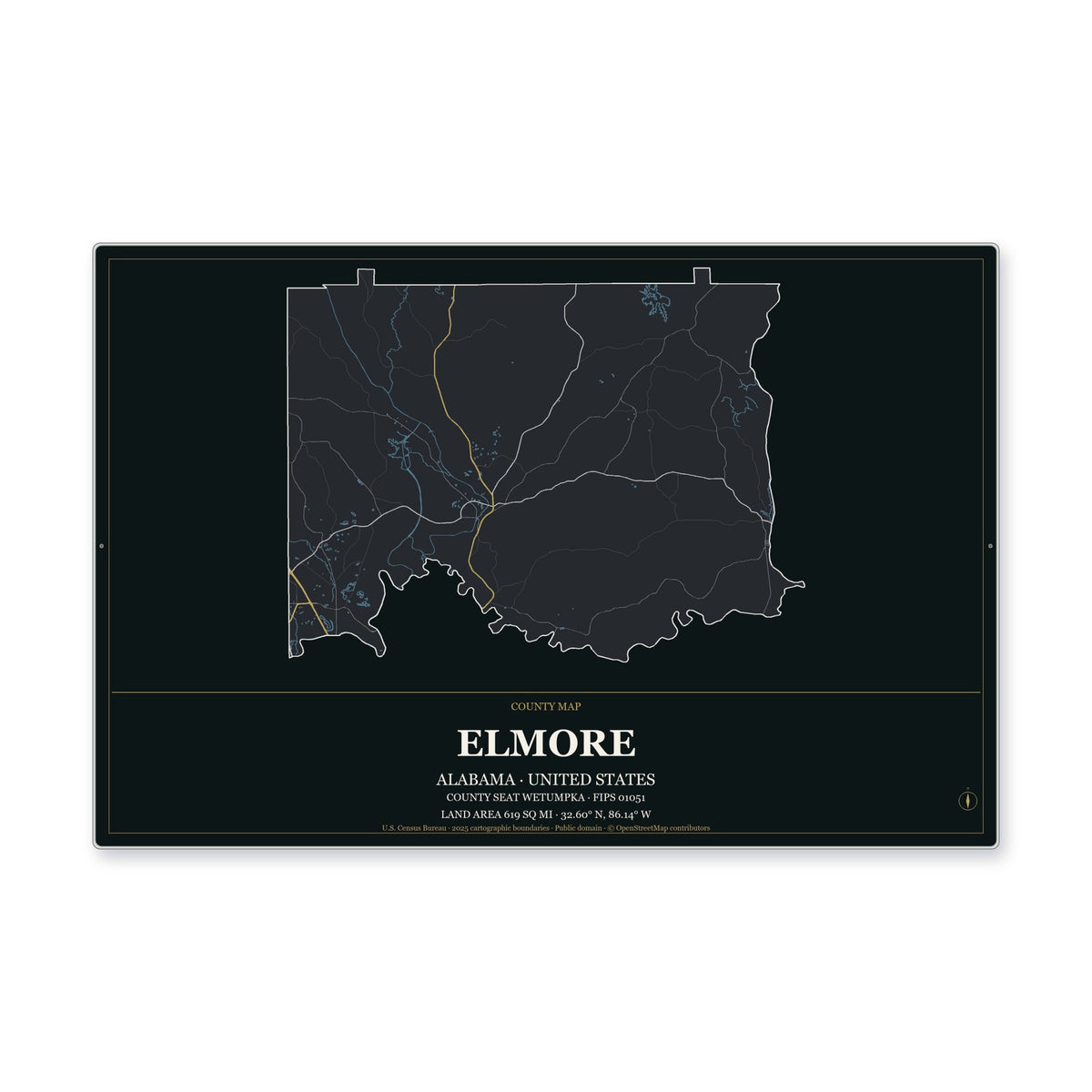 Elmore County, Alabama Map Aluminum Sign in Metropolitan Noir style