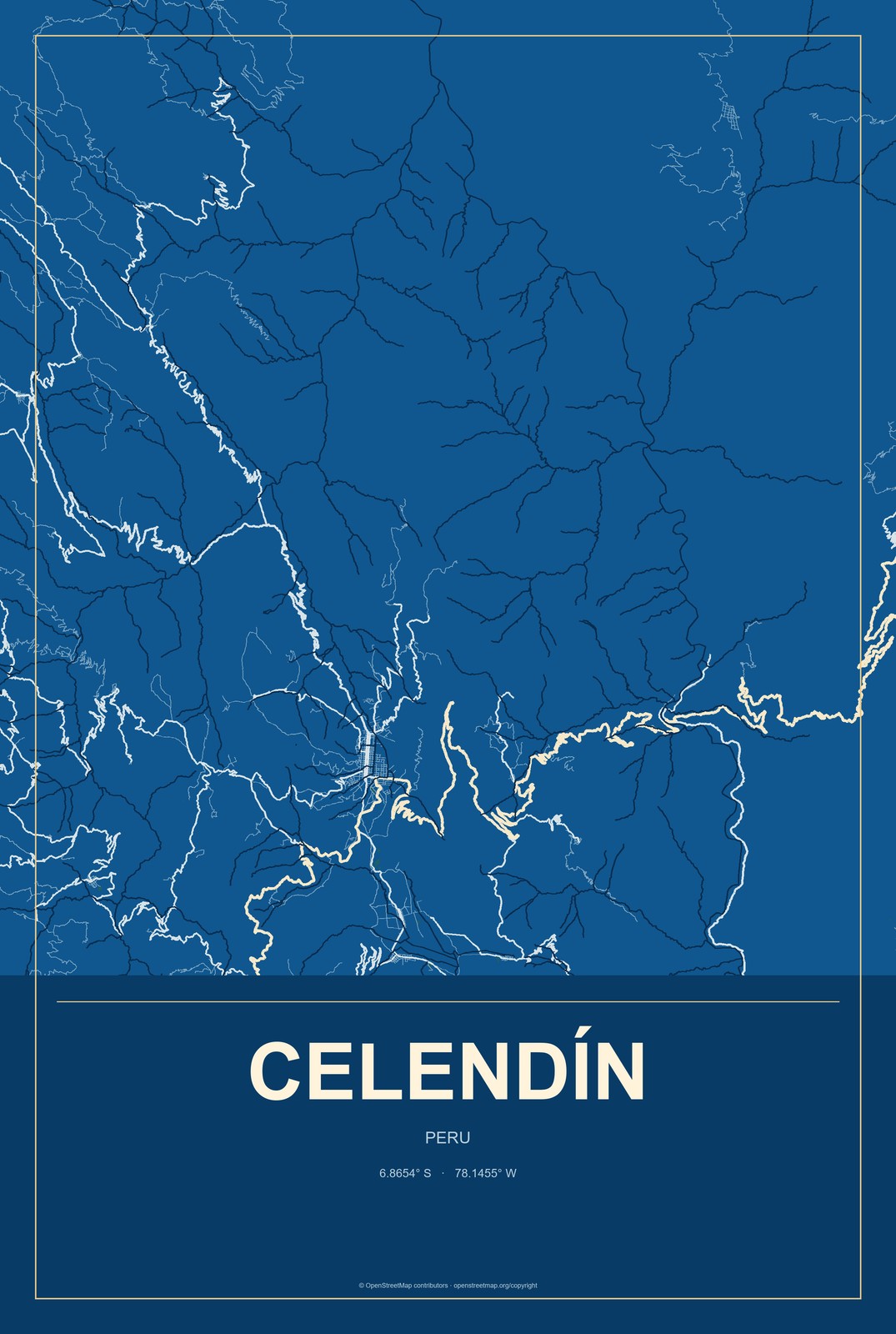 Celendín, Peru City Map Aluminum Sign in Harbor Cobalt style