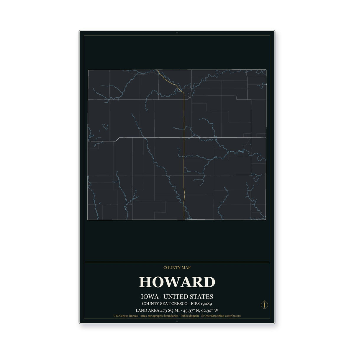 Howard County, Iowa Map Aluminum Sign in Metropolitan Noir style