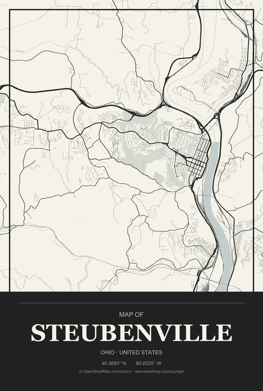 Steubenville, Ohio City Map Aluminum Sign in Museum Plaque style