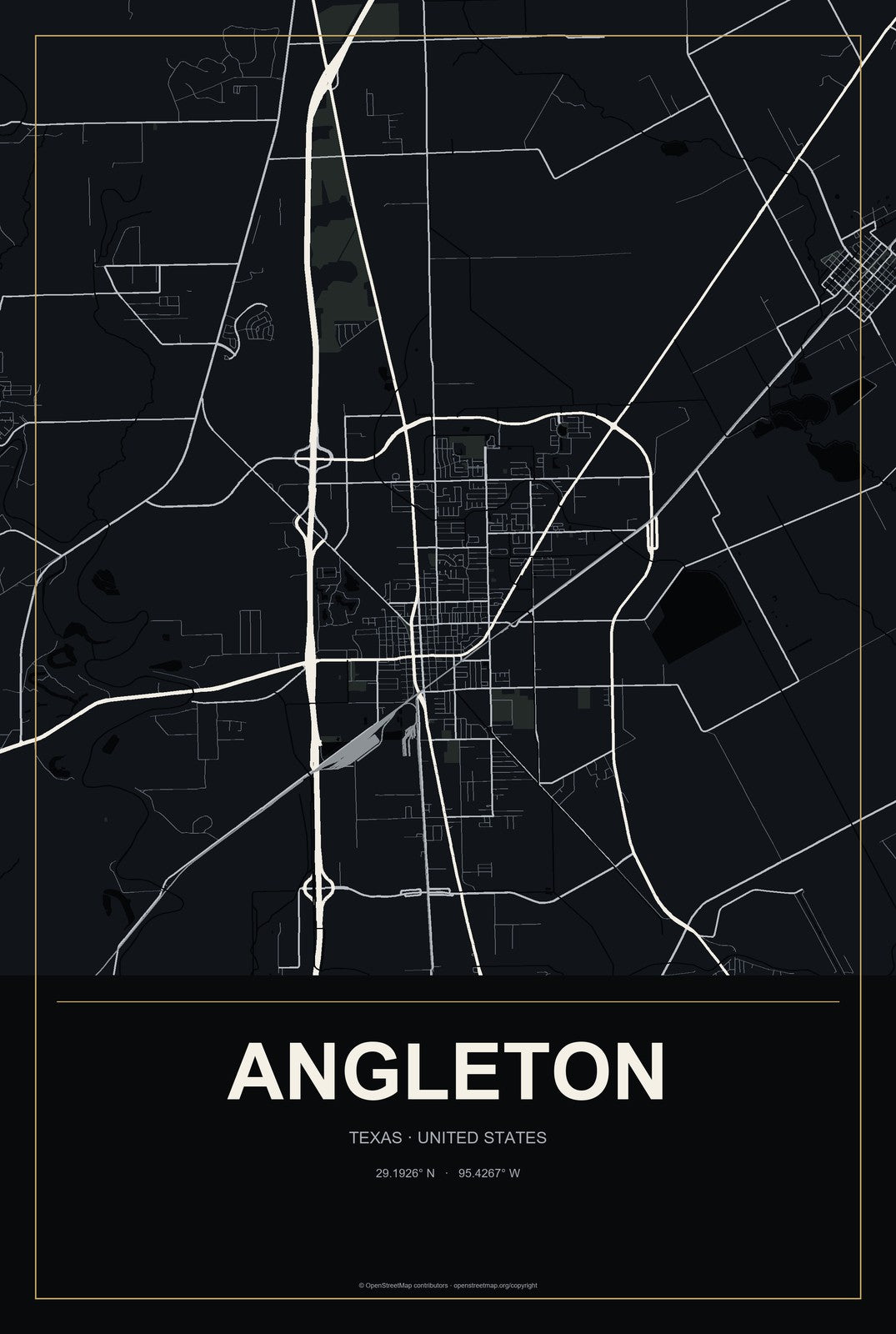 Angleton, Texas City Map Aluminum Sign in Metropolitan Noir style