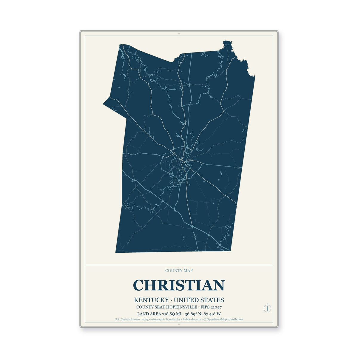 Christian County, Kentucky Map Aluminum Sign in Coastal Cutout style
