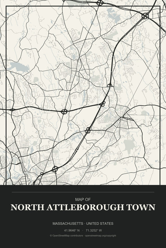 North Attleborough Town, Massachusetts City Map Aluminum Sign in Museum Plaque style