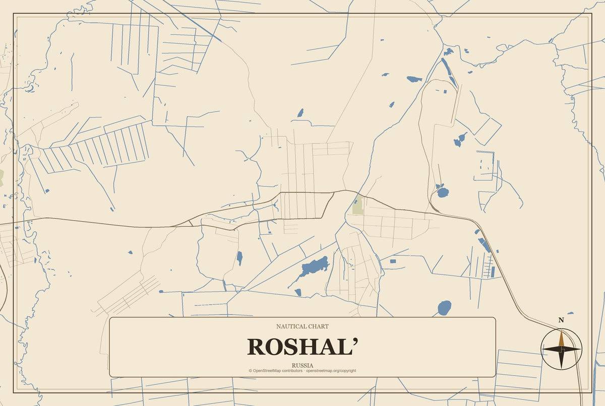 Roshal’, Russia City Map Aluminum Sign in Heritage Nautical style