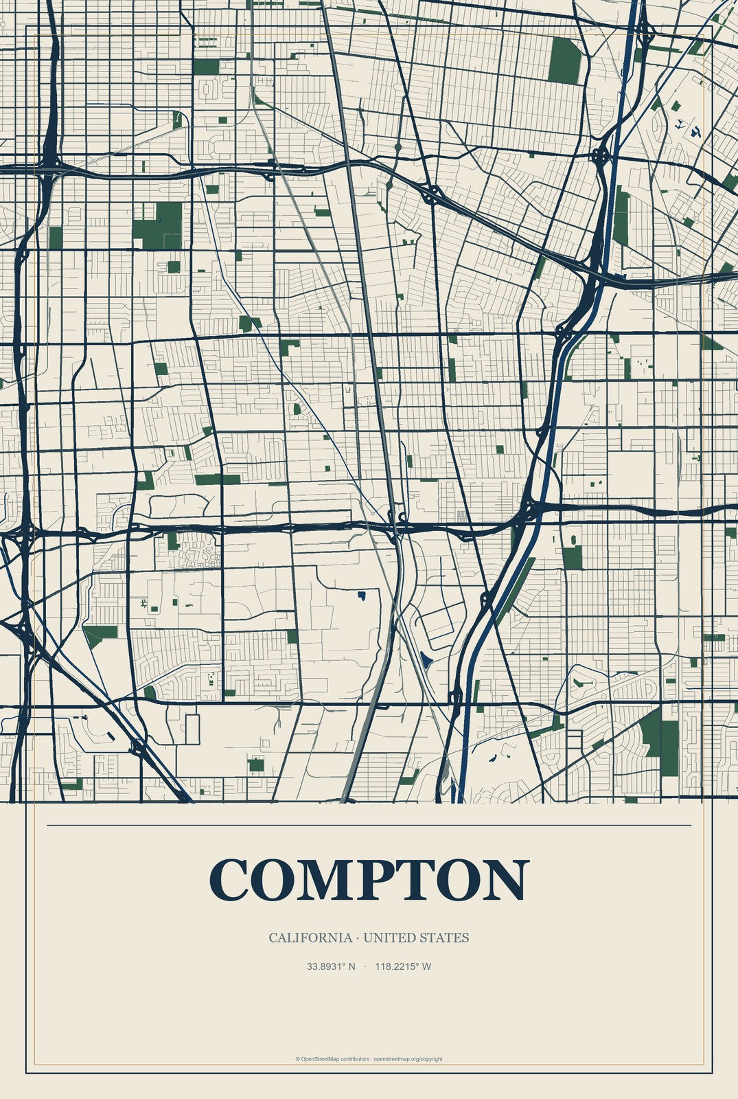 Compton, California City Map Aluminum Sign in Coastal Cutout style