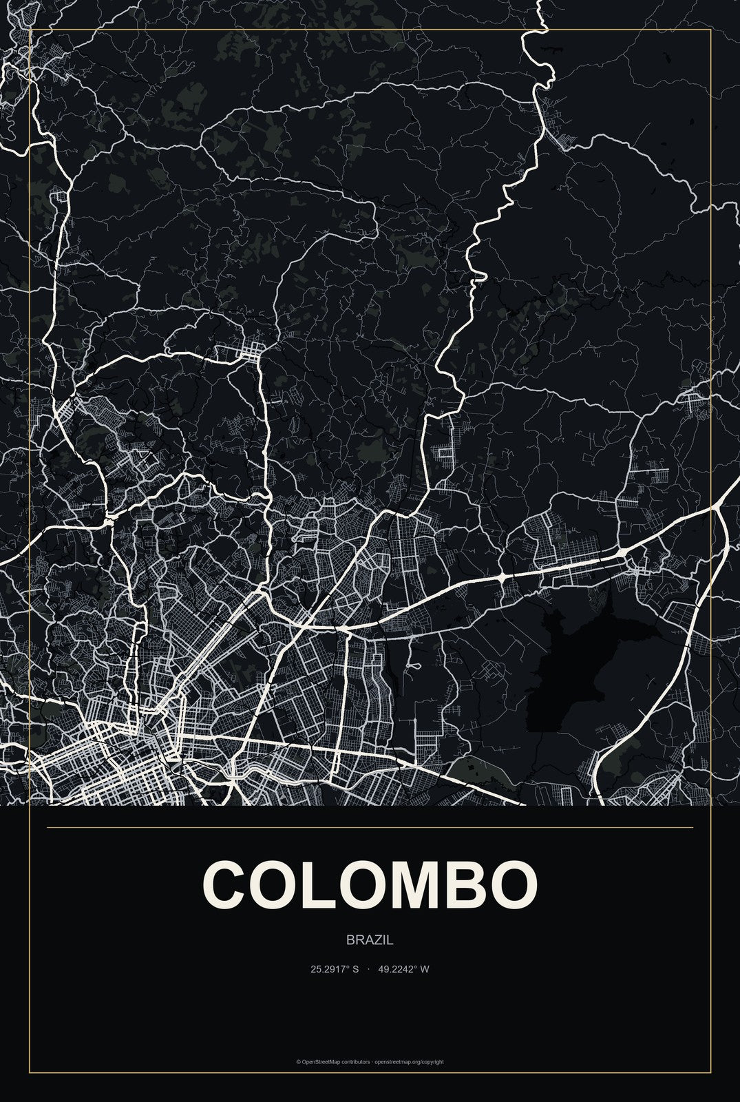 Colombo, Brazil City Map Aluminum Sign in Metropolitan Noir style
