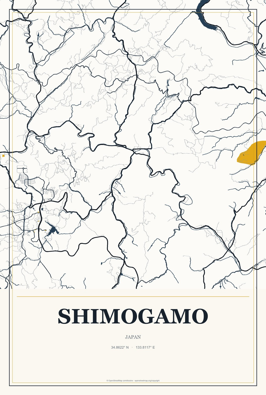 Shimogamo, Japan City Map Aluminum Sign in Citrine Modern style