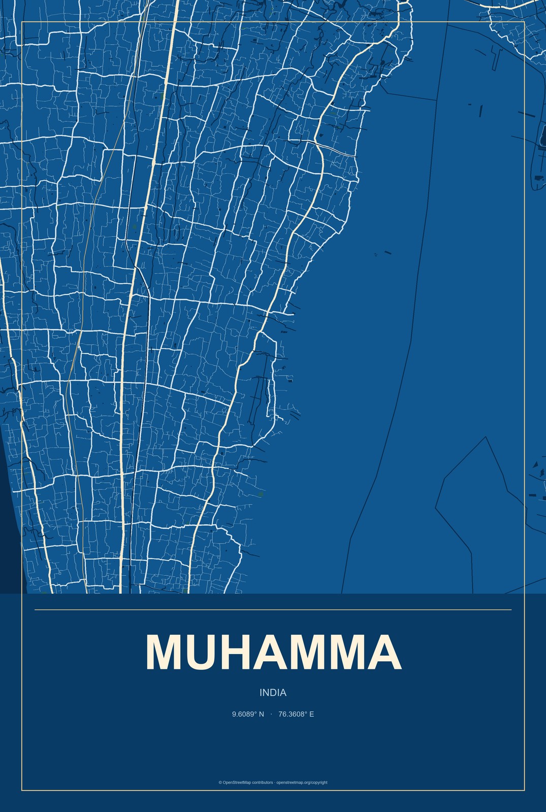 Muhamma, India City Map Aluminum Sign in Harbor Cobalt style
