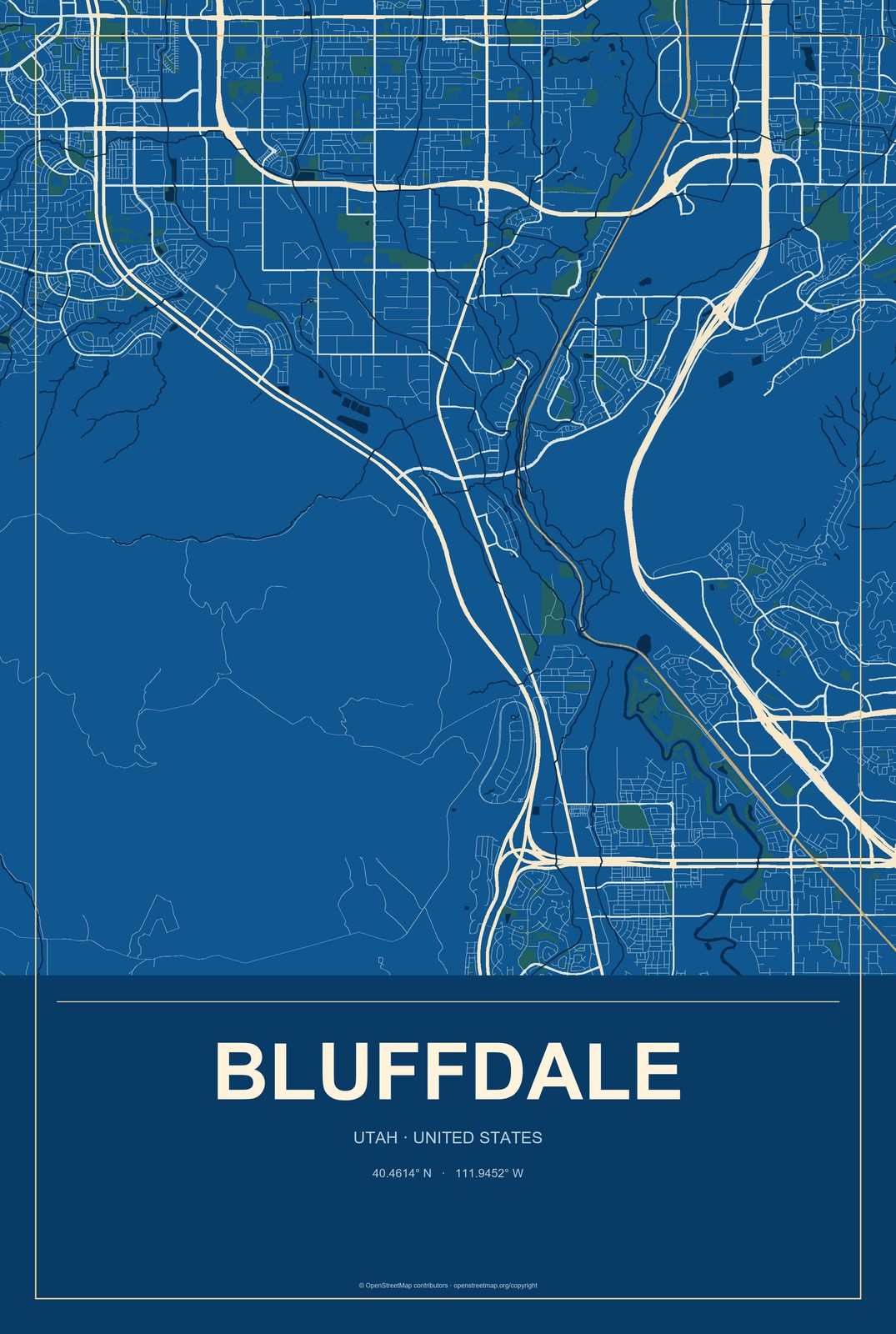 Bluffdale, Utah City Map Aluminum Sign in Harbor Cobalt style