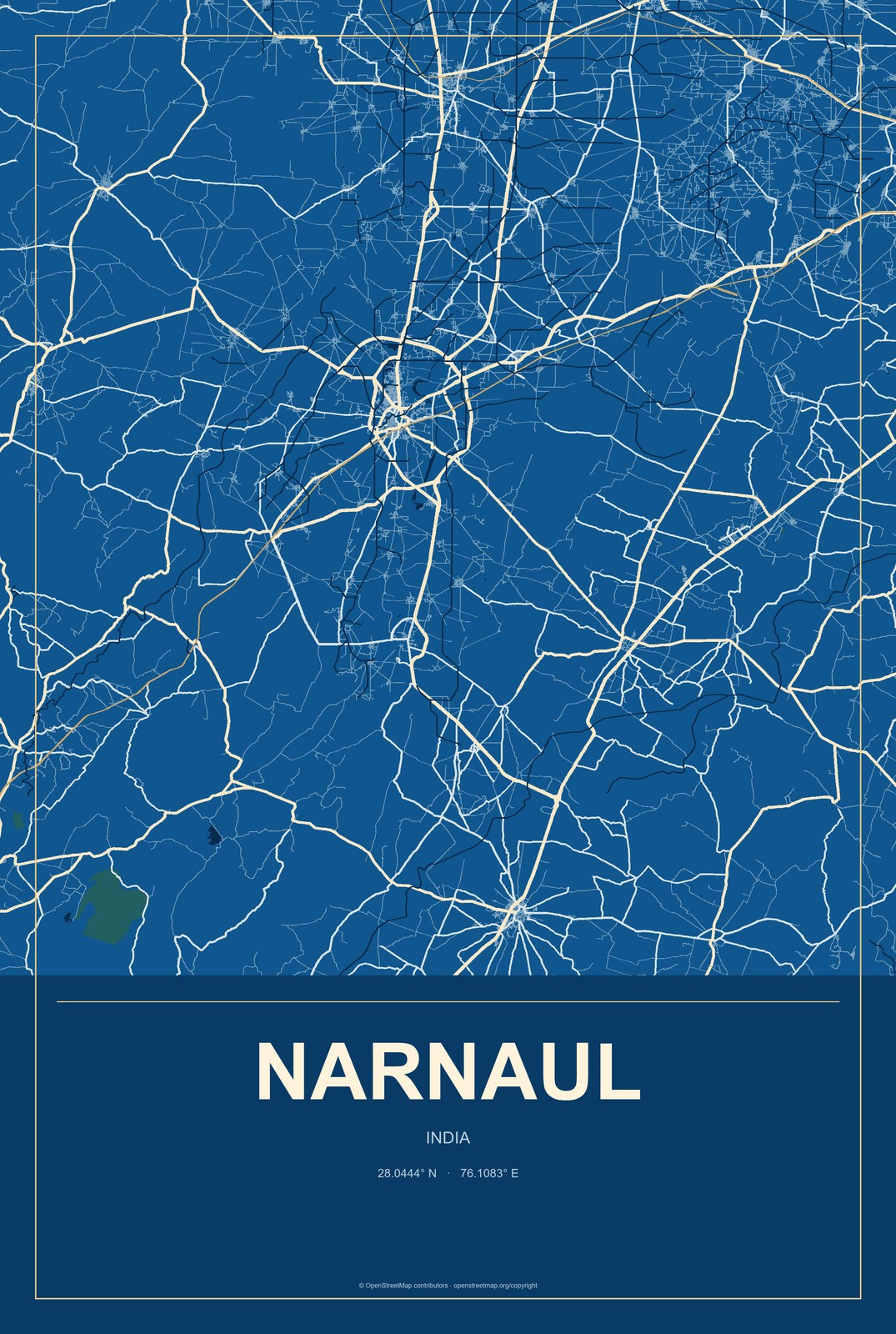 Narnaul, India City Map Aluminum Sign in Harbor Cobalt style
