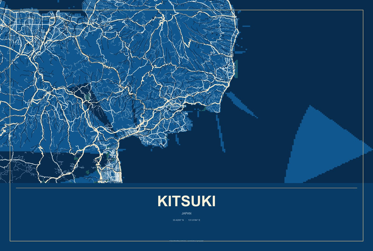 Kitsuki, Japan City Map Aluminum Sign in Harbor Cobalt style