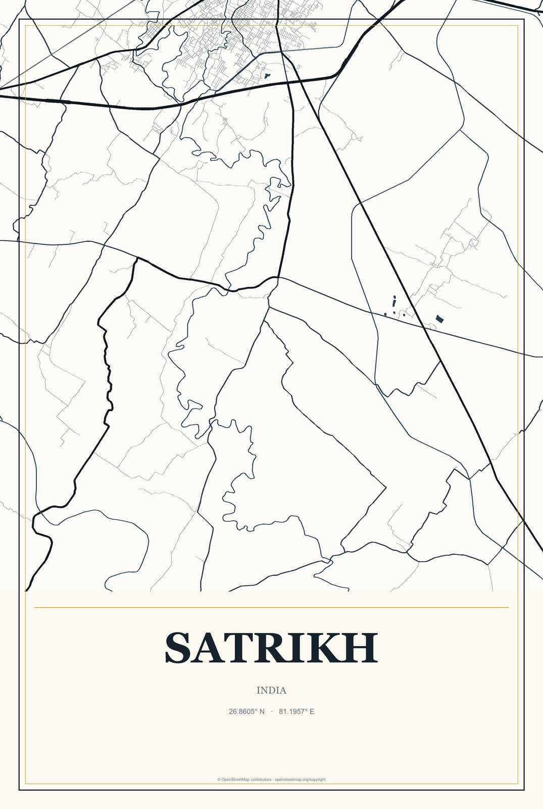 Satrikh, India City Map Aluminum Sign in Citrine Modern style