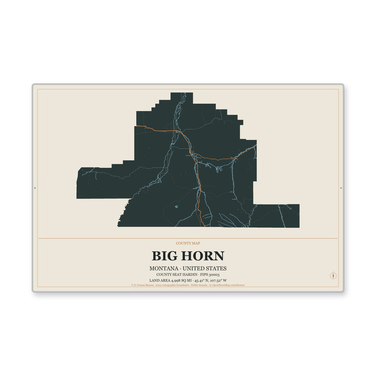 Big Horn County, Montana Map Aluminum Sign in Headline Atlas style