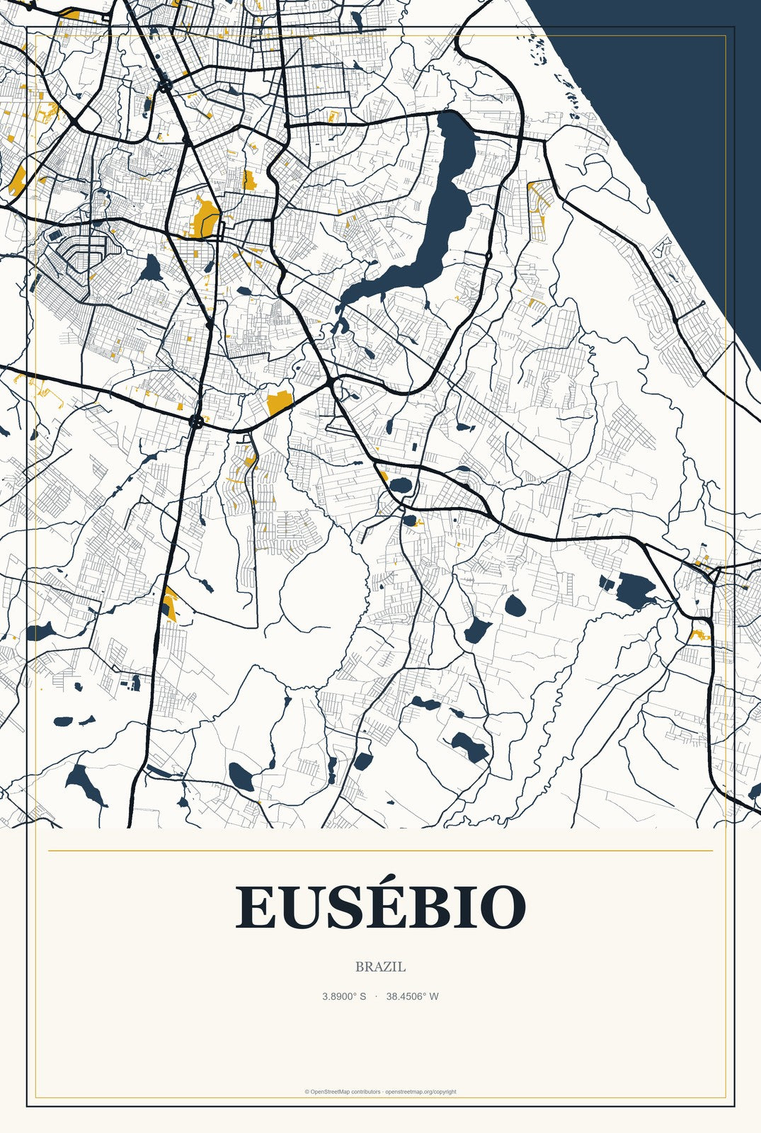 Eusébio, Brazil City Map Aluminum Sign in Citrine Modern style