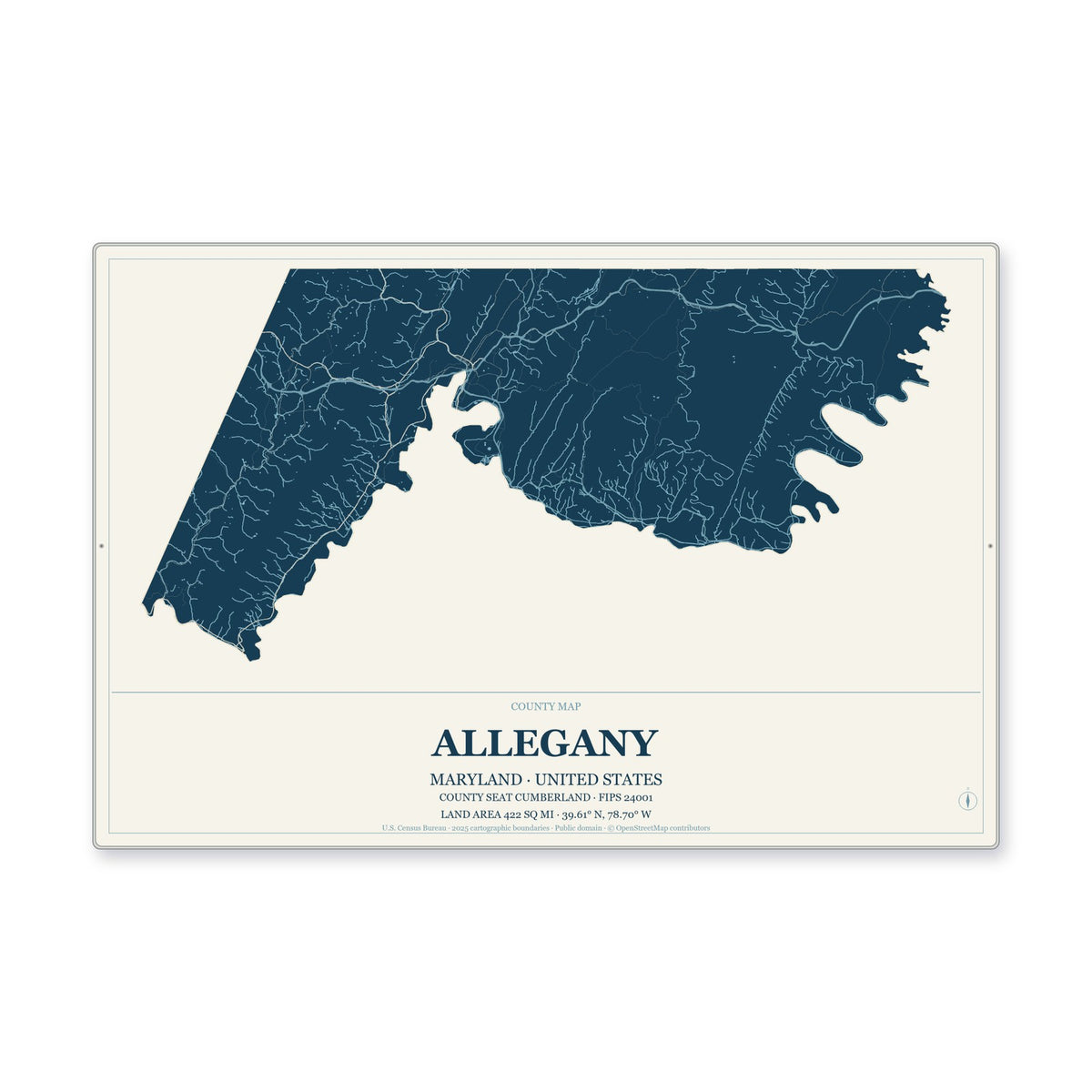 Allegany County, Maryland Map Aluminum Sign in Coastal Cutout style