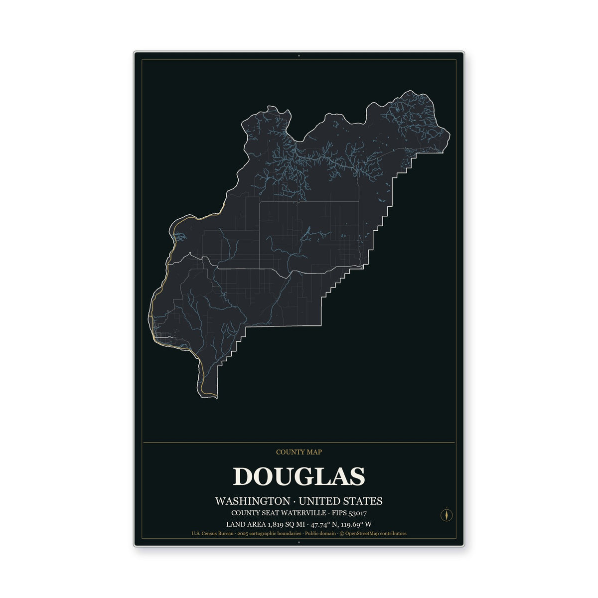 Douglas County, Washington Map Aluminum Sign in Metropolitan Noir style