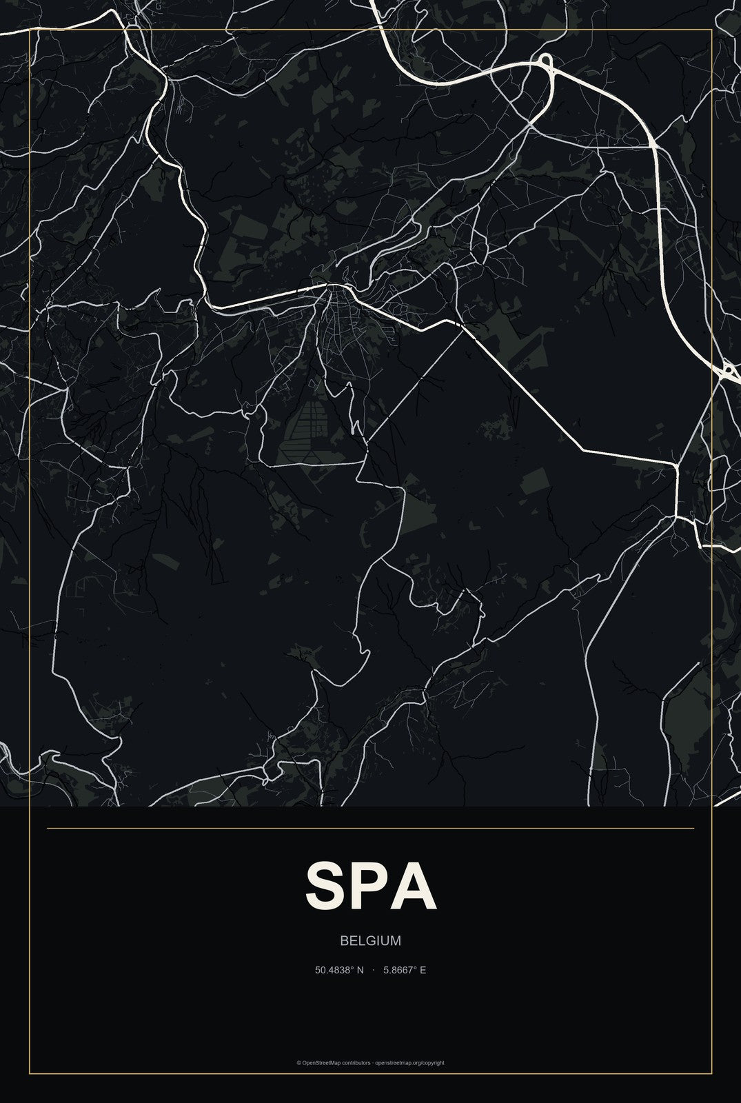 Spa, Belgium City Map Aluminum Sign in Metropolitan Noir style