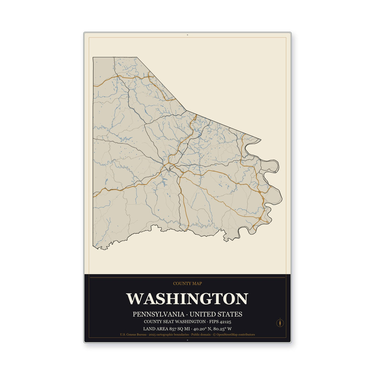 Washington County, Pennsylvania Map Aluminum Sign in Museum Plaque style